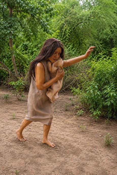 La India con su hijo cruzando el rio Abaucan